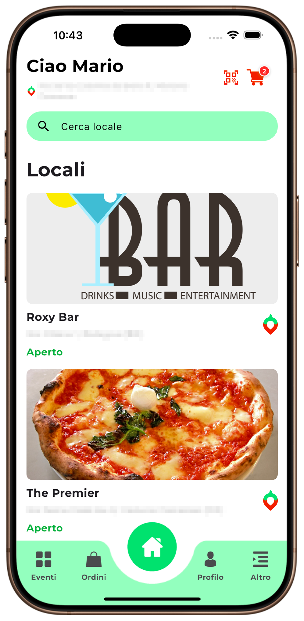 Home page con i locali nelle vicinanze